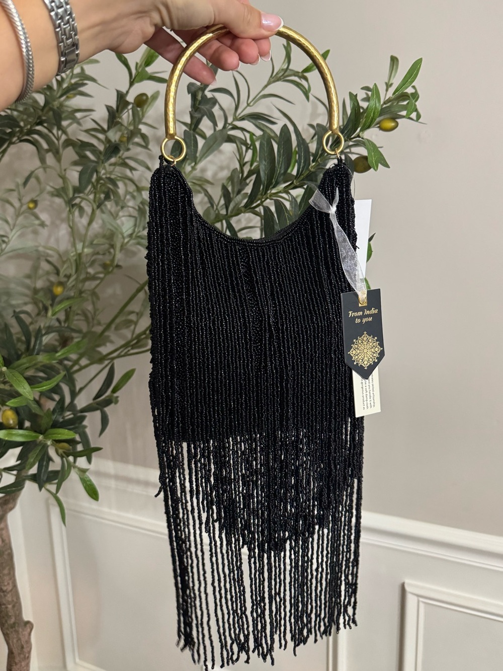 Made in India Black Beaded Fringe Handbag with Gold Handle